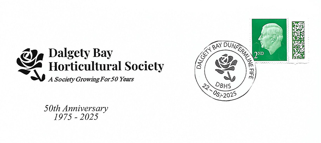 Facsimile of the First Day Cover (FDC) including the Dalgety Bay Horticultural Society logo and stamp featuring King Charles